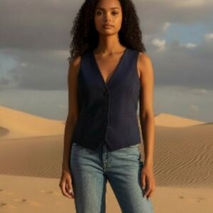 MANGO Navy Blue Covered Button Placket Suiting Vest Small